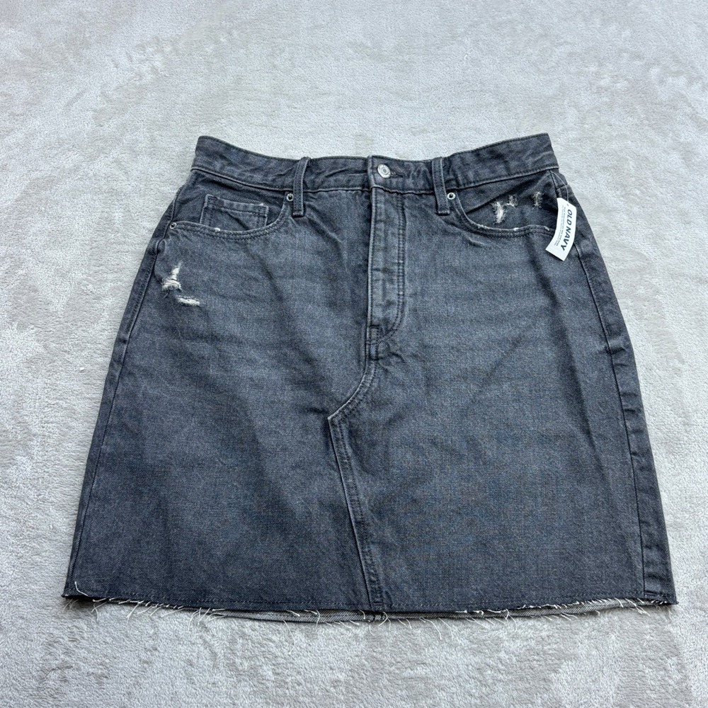 Old Navy Denim Skirt Women 8 Black Higher High-Rise Distressed Raw Hem Y2K Edgy